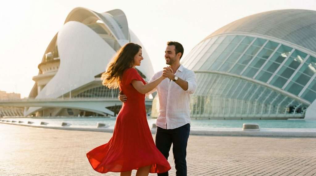 Pareja bailando bachata en Valencia con la Ciudad de las Artes y las Ciencias al fondo