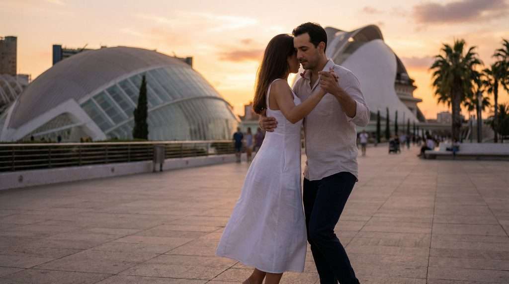 Pareja bailando kizomba en Valencia con la Ciudad de las Artes y las Ciencias al fondo