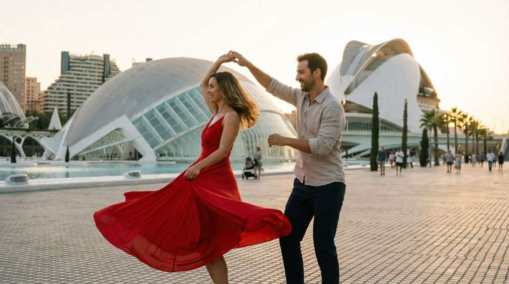 Pareja bailando salsa en Valencia con la Ciudad de las Artes y las Ciencias al fondo